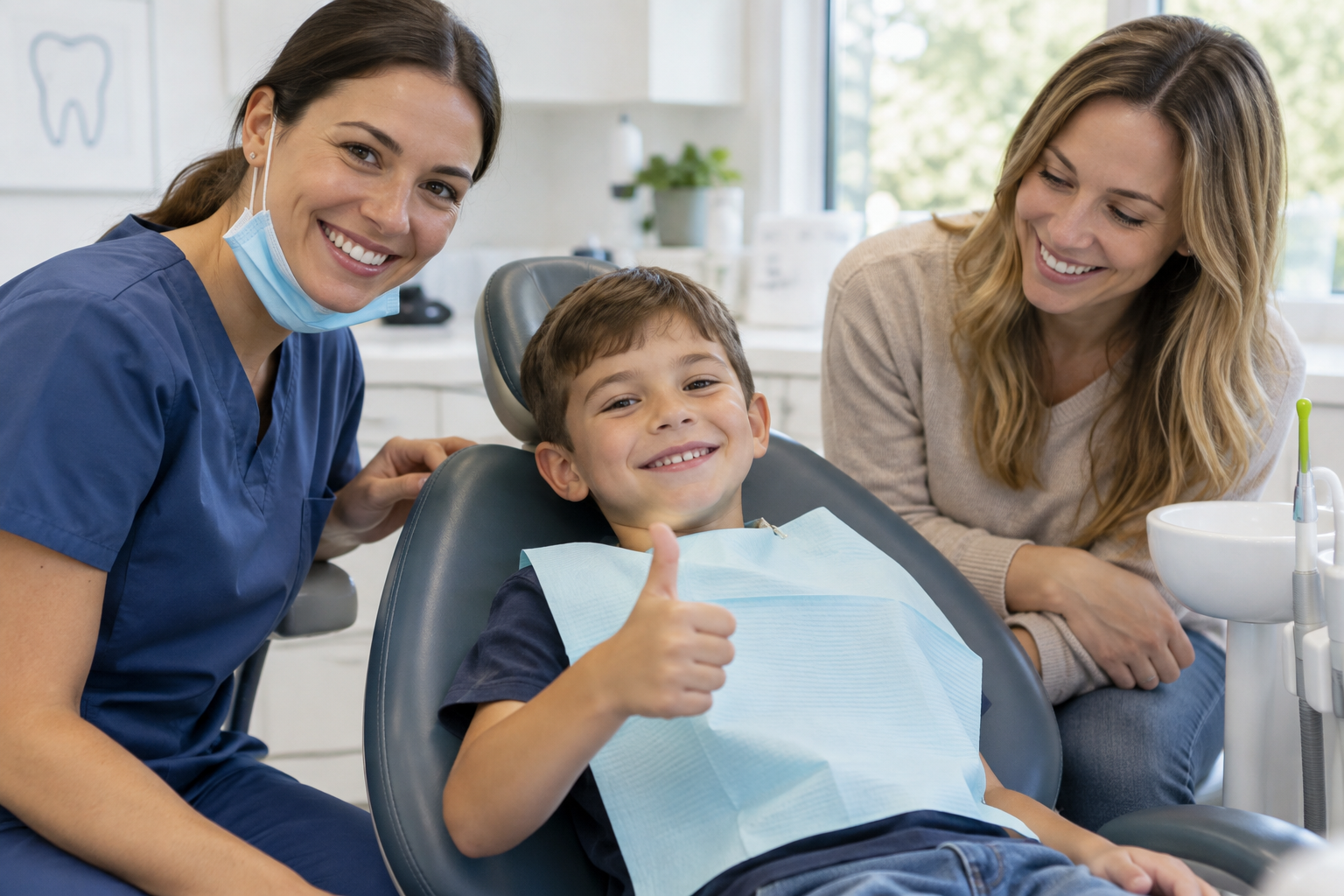 Child smiling during a back to school dental checkup in Grandville, MI