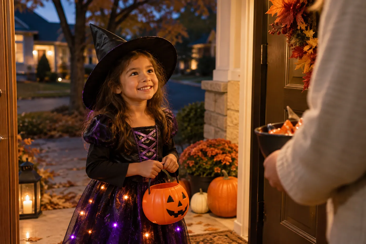Smiling child in a witch costume trick-or-treating with a pumpkin candy bucket in Grandville, MI