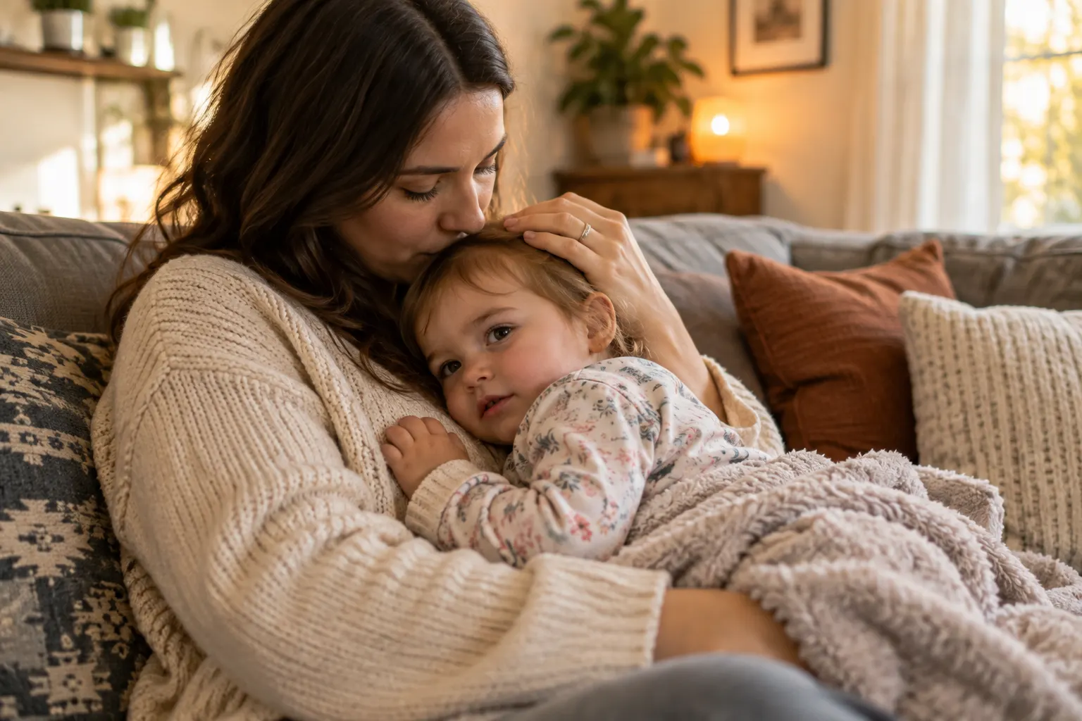 Mother cuddling her toddler on the couch at home in Grandville, MI